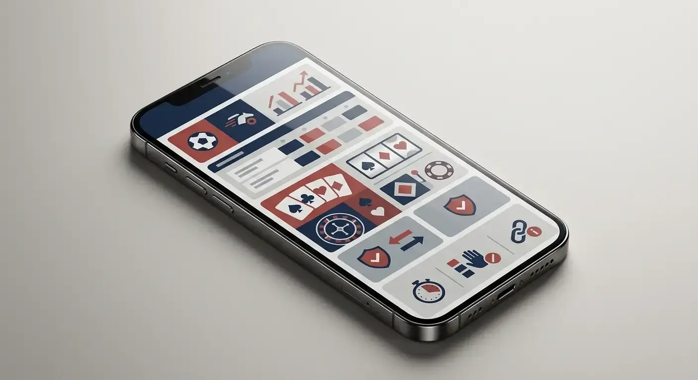 Illustration of a smartphone with neutral sports and casino navigation panels for a UK mobile betting and casino guide