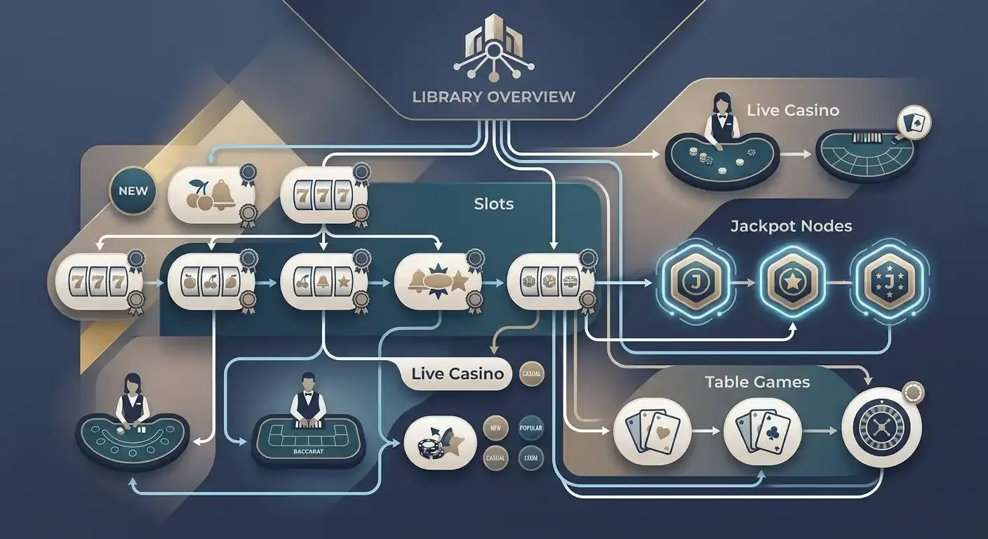 Illustration of the Bally Bet UK casino games library: slots, live tables, jackpots and providers