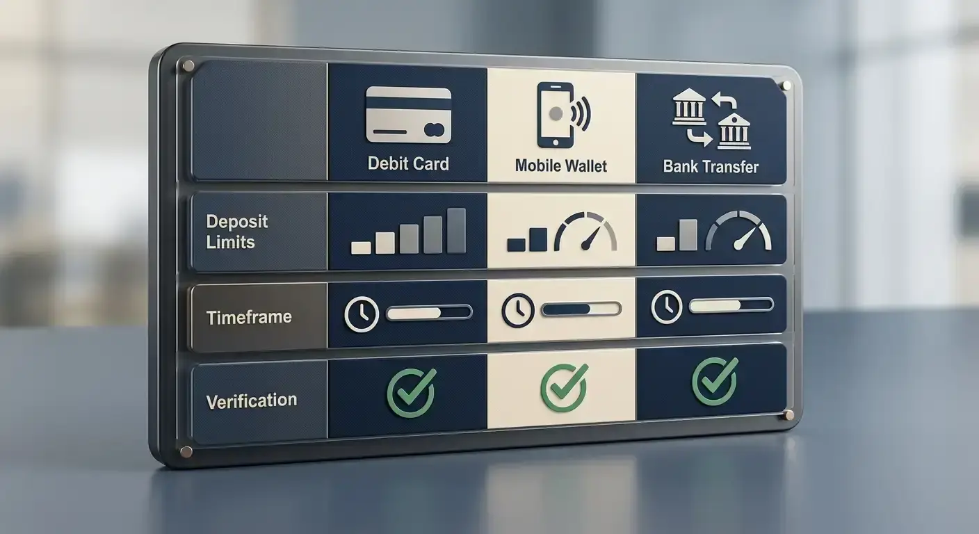 Illustration of accepted Bally Bet deposit method categories with GBP limit checkpoints