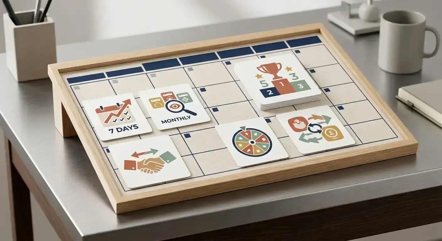 Illustration of daily free games, monthly picks and rotating casino promotions
