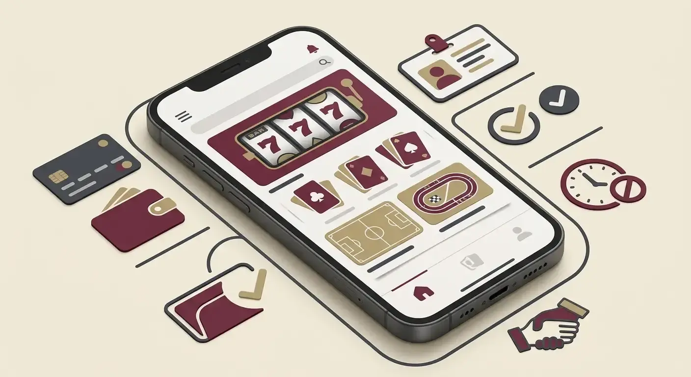 Abstract mobile casino and sportsbook illustration with payment and safer-play checkpoints