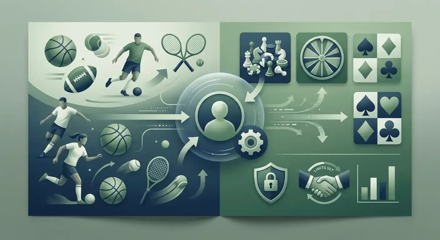 Illustration of a hybrid sportsbook and casino navigation panel with football, racing and casino category icons